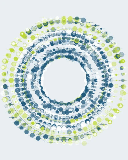 Abstract rings of blue and green dots forming a circular data visualization.