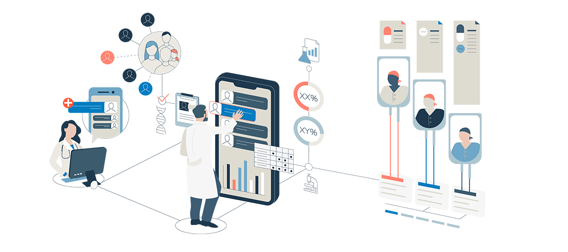 Medical professionals use digital devices to review patient data, charts, and genetic information.