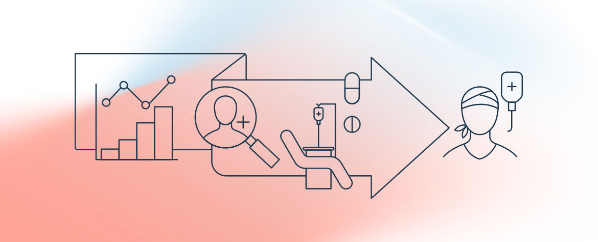 Illustration of data analysis, patient exam, and treatment steps leading to recovery.