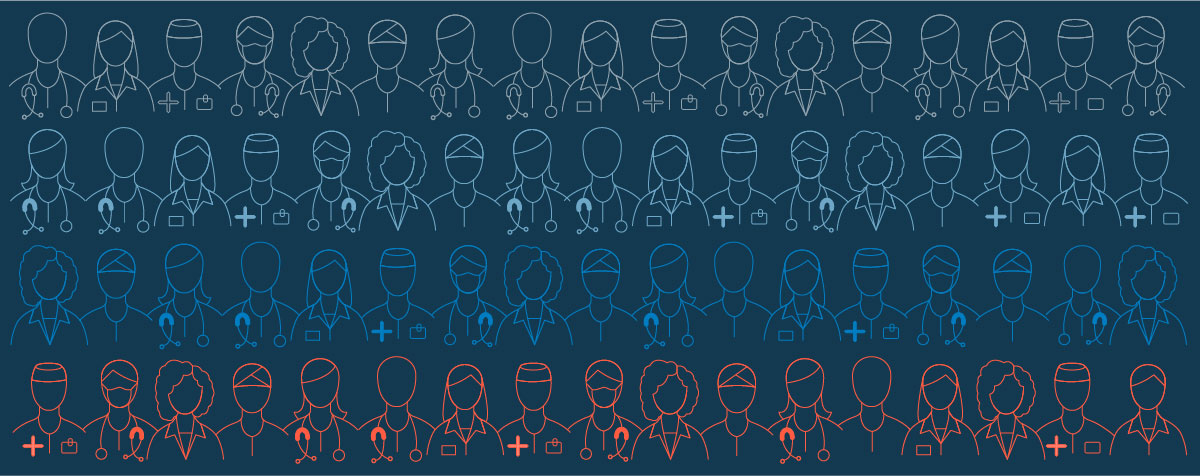 Rows of colorful outlined doctors and nurses on a dark blue background.