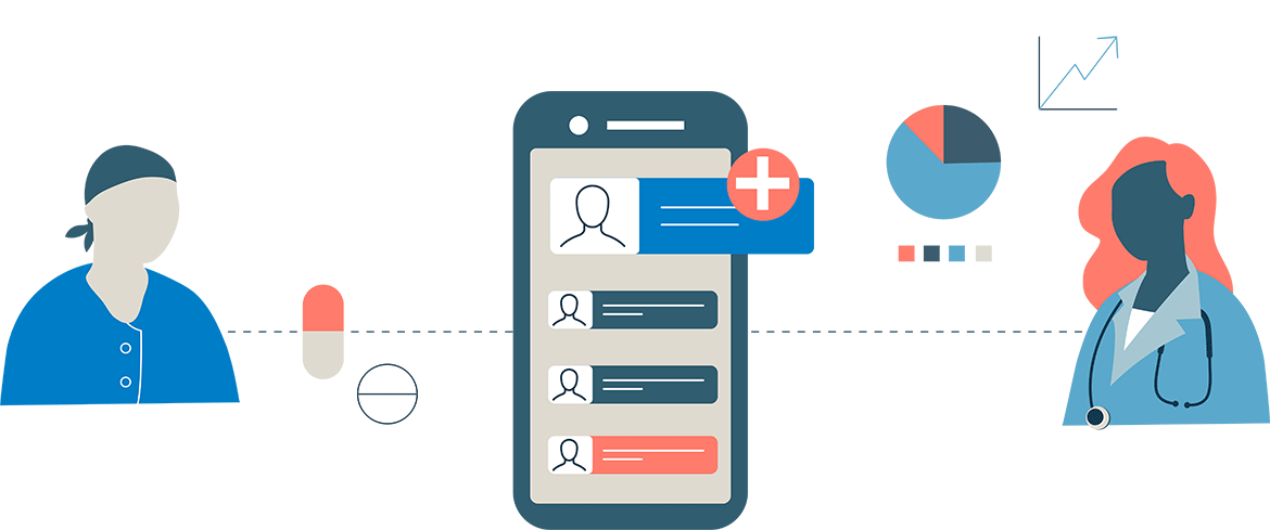 Illustration of a patient, a doctor, and a smartphone showing medical data.