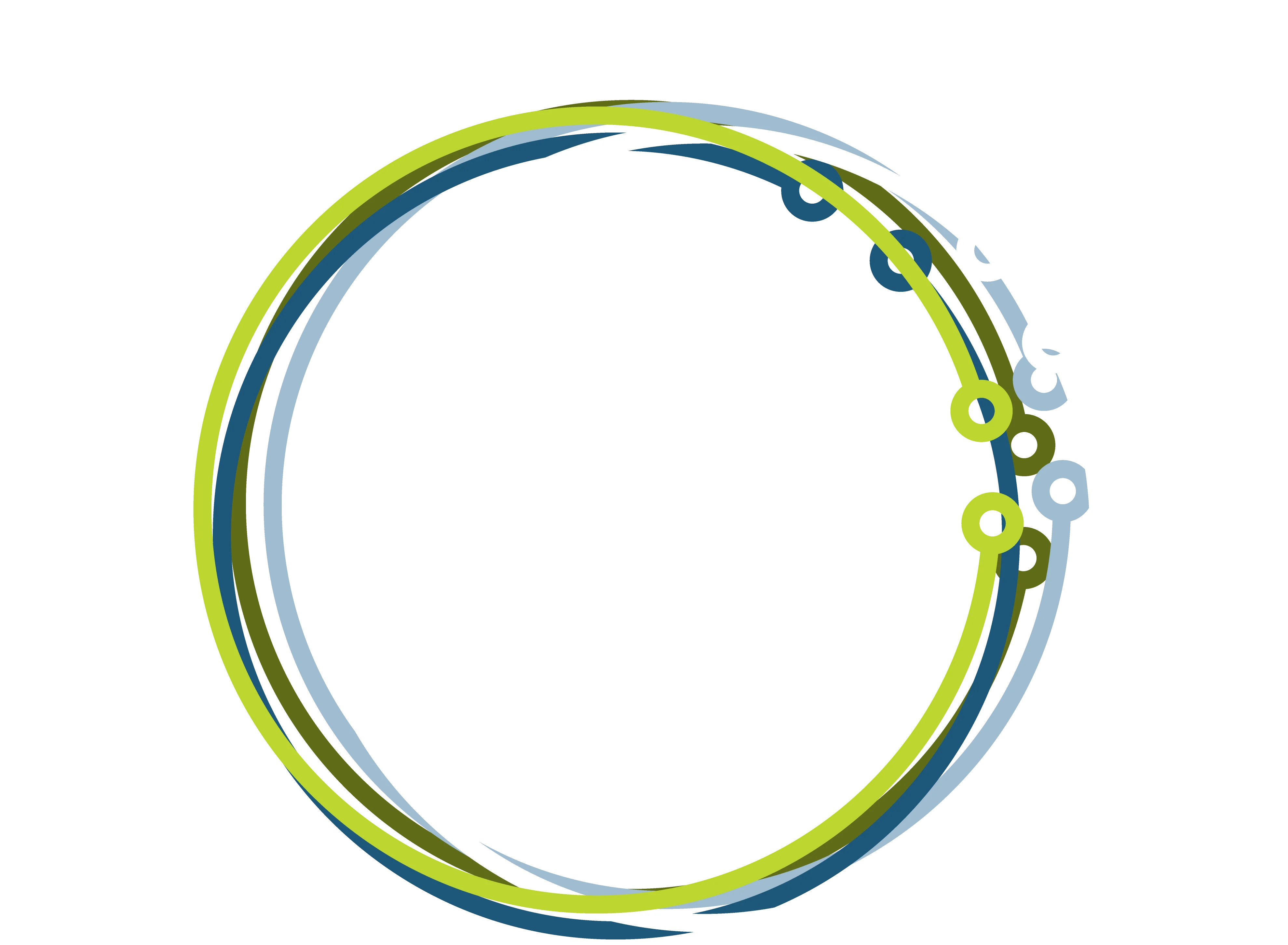 Abstract circular arcs in blue and green with small dots along a partial ring