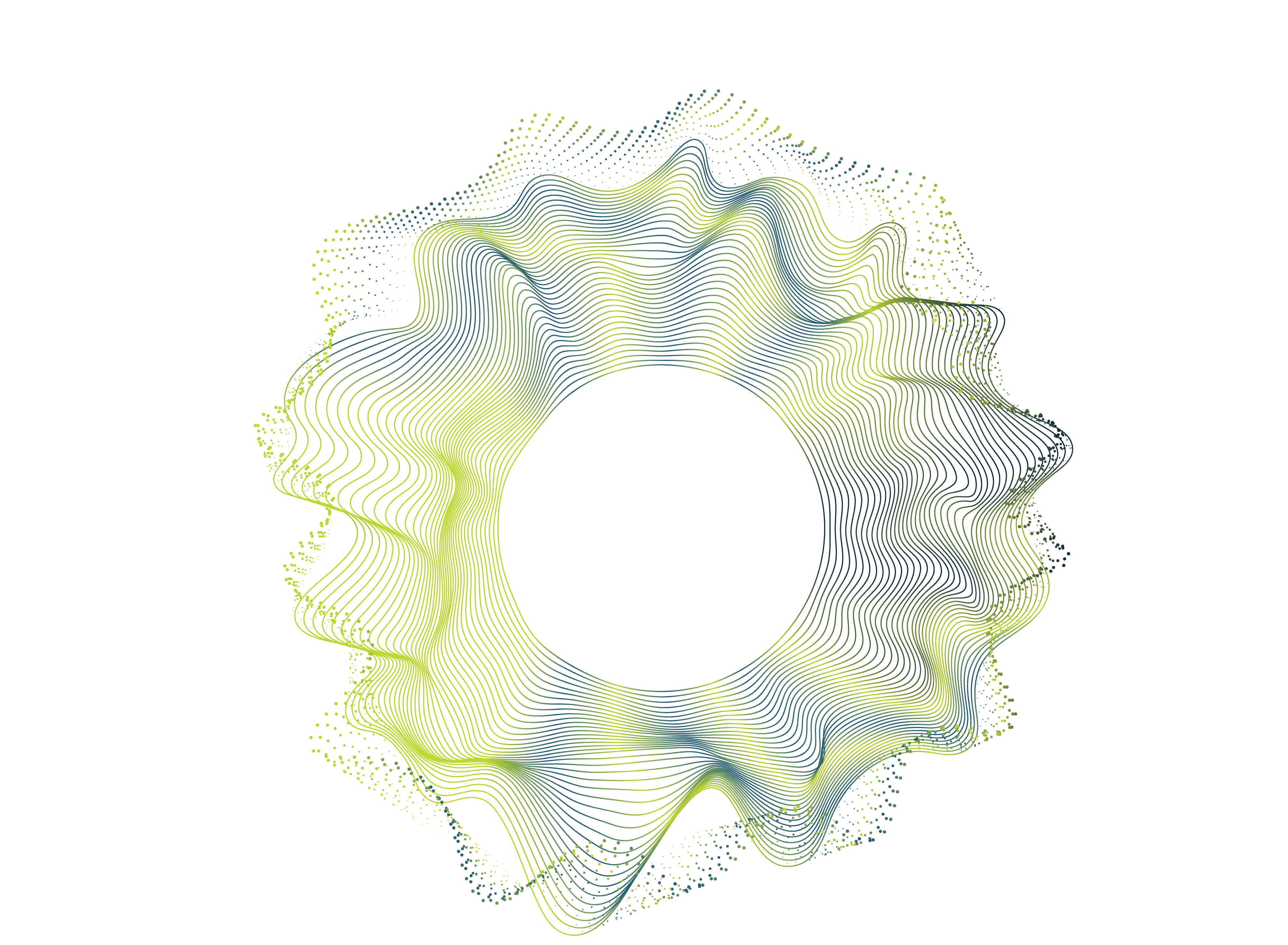 Abstract circular waveform pattern in green and yellow lines surrounding a central vertical bar