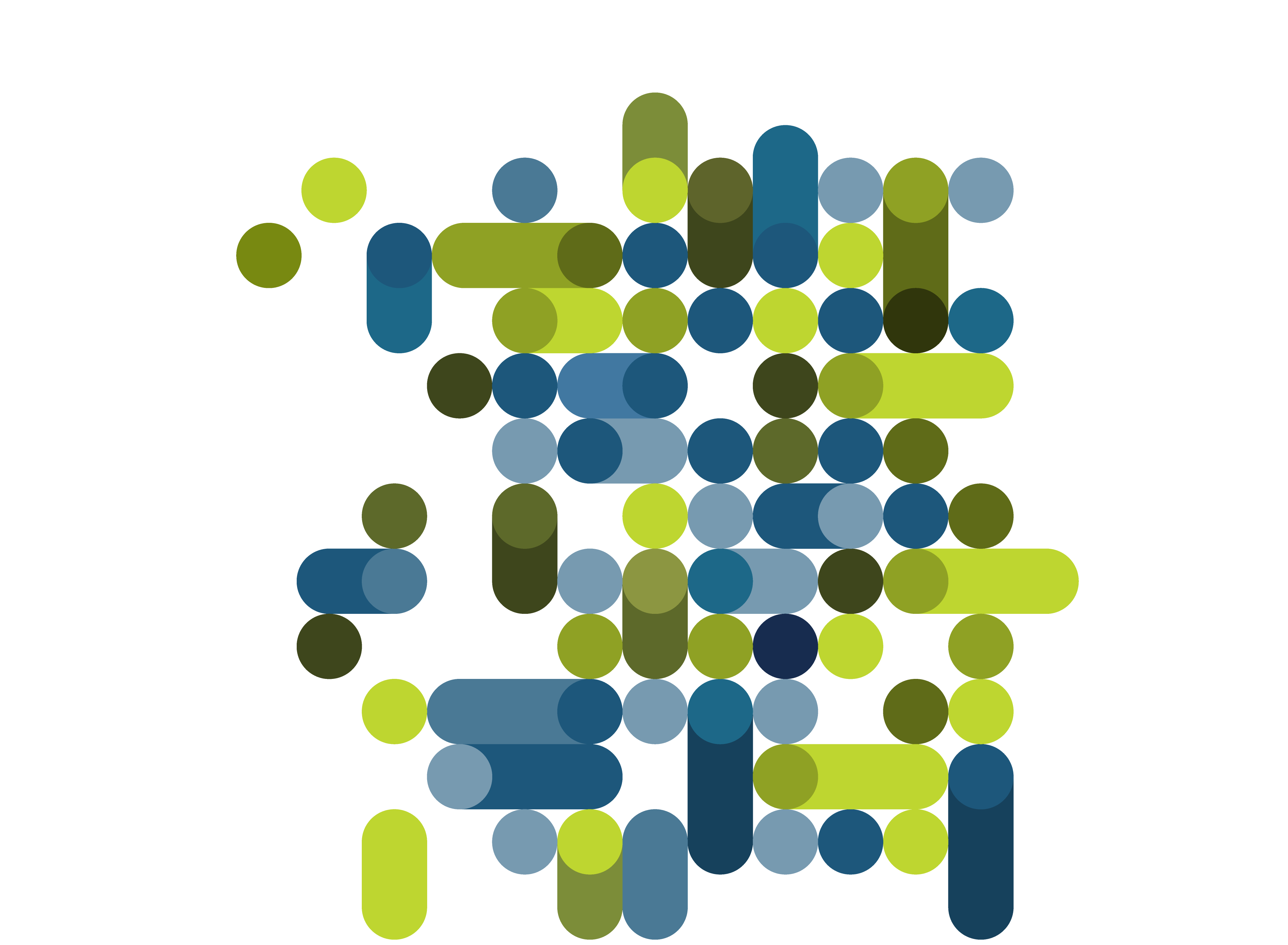 Abstract pattern of blue and green circles and rounded bars arranged in a clustered grid