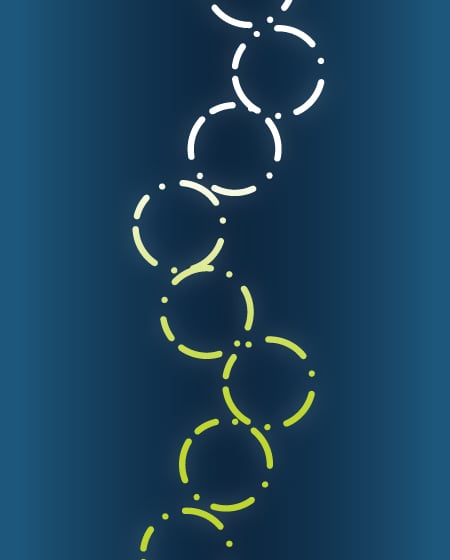 Abstract graphic of white and lime-green dashed circles connected in a vertical pattern on a dark blue gradient background.