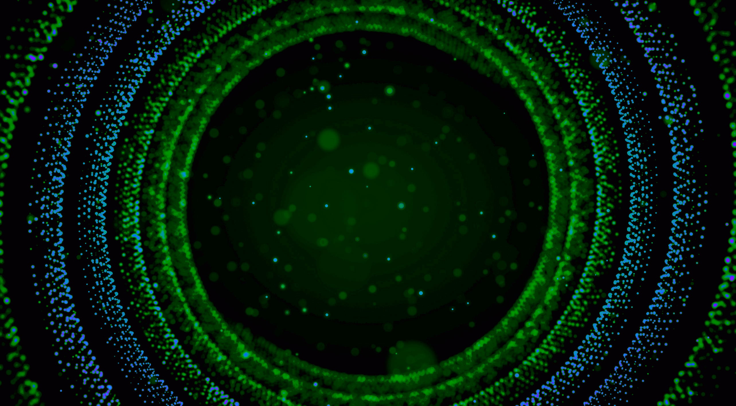 Abstract green and blue glowing particle rings forming concentric circles on a dark background, suggesting digital data flow or connectivity.