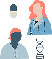 Illustration of a pill, two healthcare professionals, and a DNA double helix.