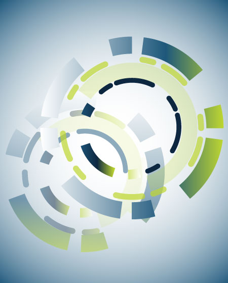 Abstract circular infographic with overlapping arcs in green, blue, and gray tones.