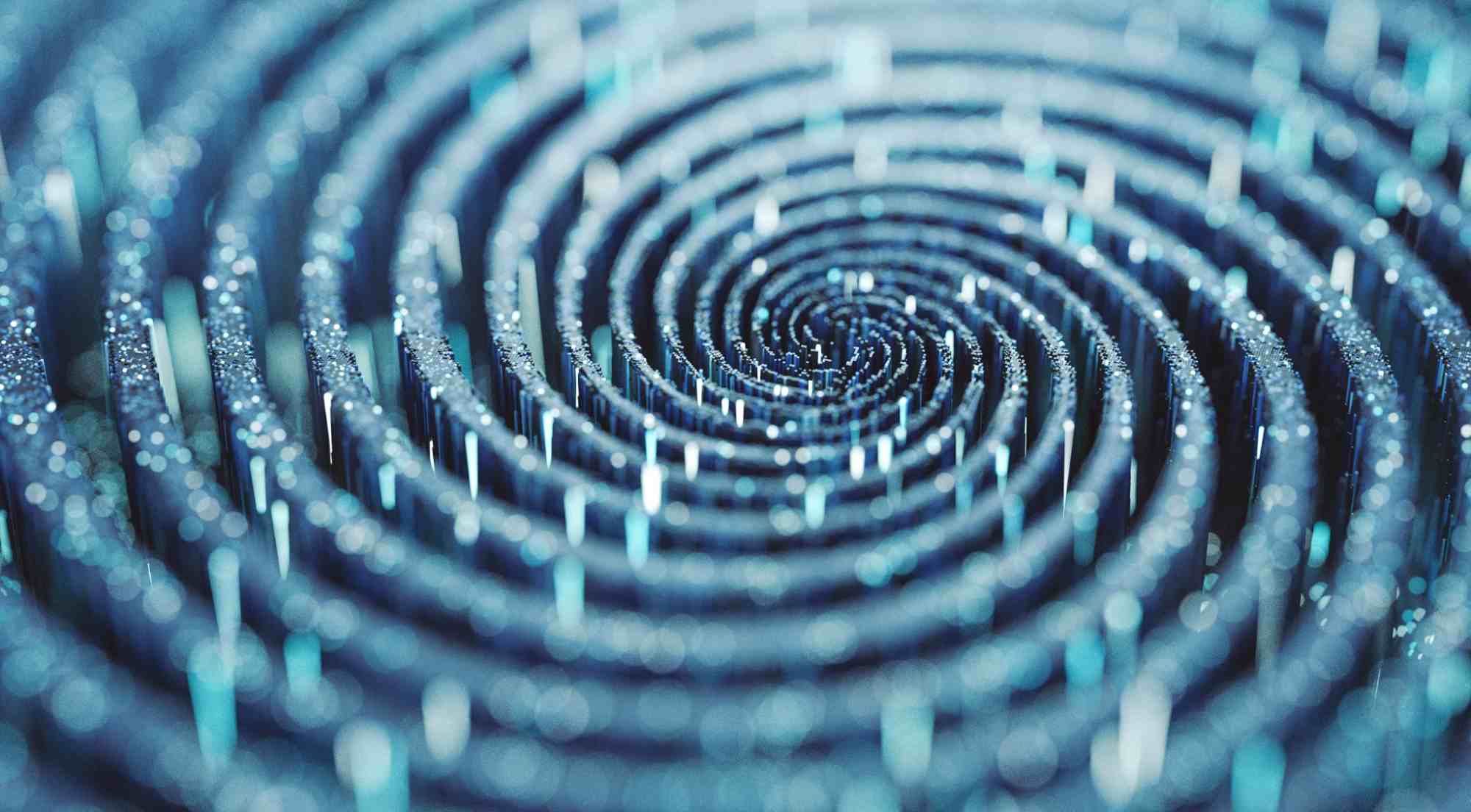 Abstract digital spiral maze with glowing blue lines and vertical light elements.